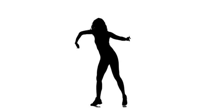 白色背景上的黑色剪影，年轻漂亮的女人跳舞舞厅，街舞，twerk，慢动作