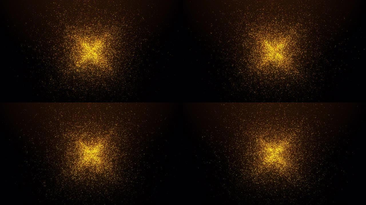 金色粒子抽象背景与闪亮的金色地板粒子星星尘埃。美丽的未来在黑色背景上闪闪发光的空间。