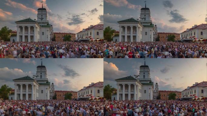 日落天空明斯克市中心拥挤广场屋顶全景4k延时白俄罗斯