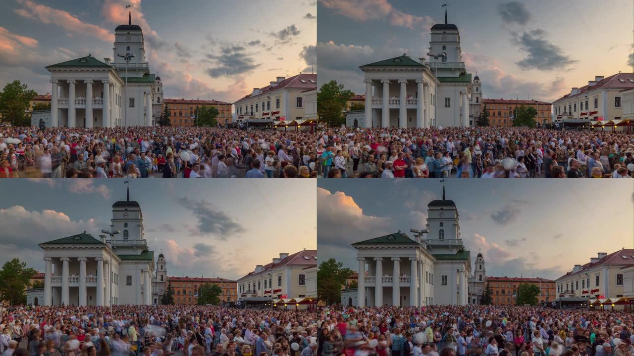 日落天空明斯克市中心拥挤广场屋顶全景4k延时白俄罗斯