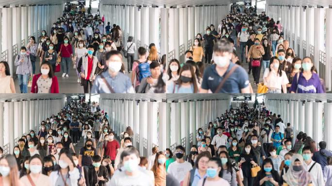 4k时间流逝: 人群戴上口罩以保护corovvirus或新型冠状病毒肺炎爆发。