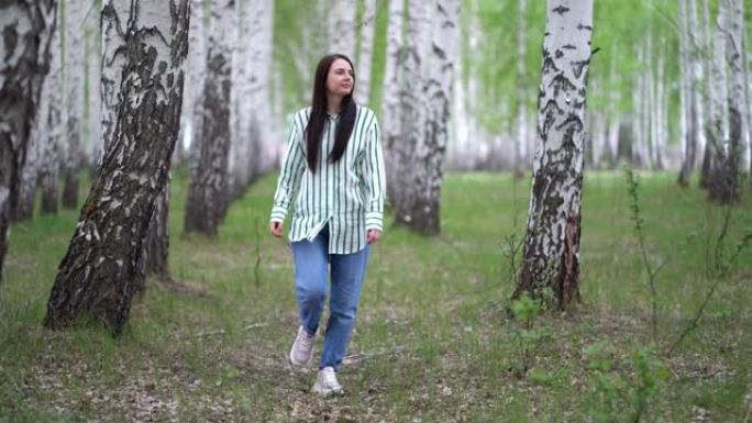 春天的日子，女孩在桦树林里散步。桦树小巷景观。