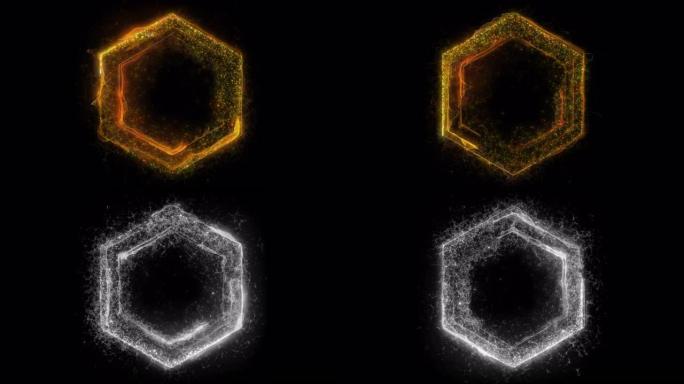 无缝循环。黄色六角形电门的动画，由闪电，能量和粒子组成，隔离在黑色背景上，alpha luma ma
