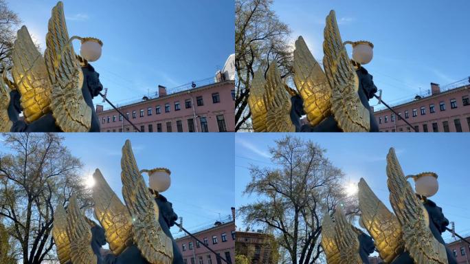 俄罗斯圣彼得堡银行桥上金色翅膀的狮鹫