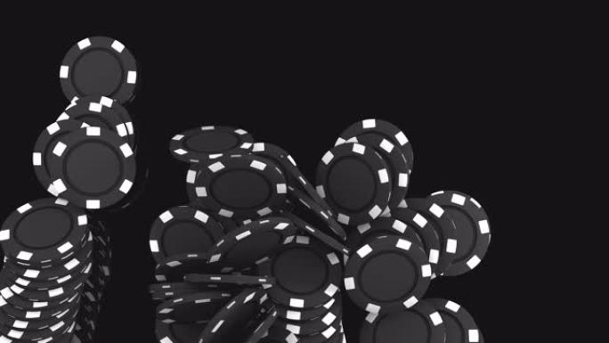 3D运动。黑色和白色扑克筹码落在黑色背景上。赌博娱乐，赌场。特写，顶视图