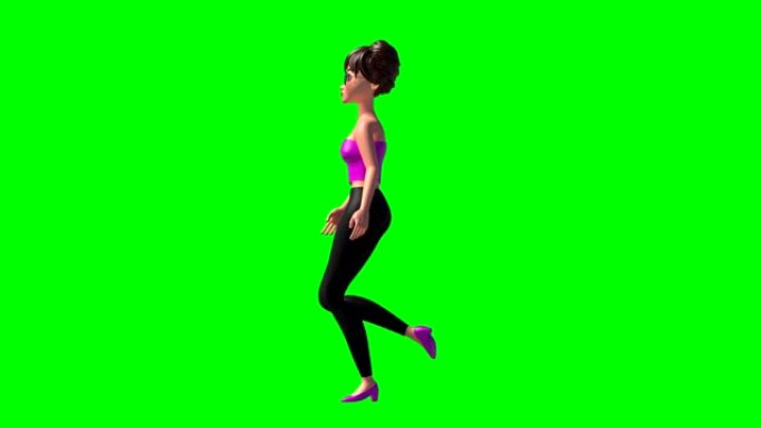 绿色屏幕上3D行走女人的侧视图