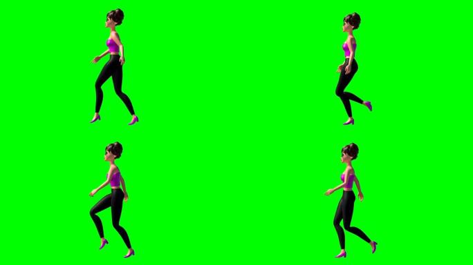 绿色屏幕上3D行走女人的侧视图