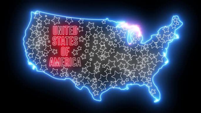 美利坚合众国地图与霓虹灯发光。创意动画美国，闪亮的轮廓美国地图。