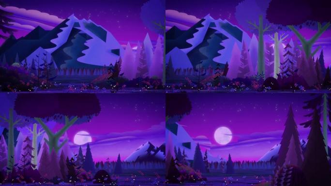 缓慢平移穿过美丽的夜间紫蓝色针叶林。可以看到山后有星星和明月的夜空。