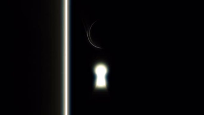 在一个黑暗的房间的门打开和充满明亮的白光的空间，新的可能性的概念。动画。门和钥匙孔的抽象轮廓，内部有