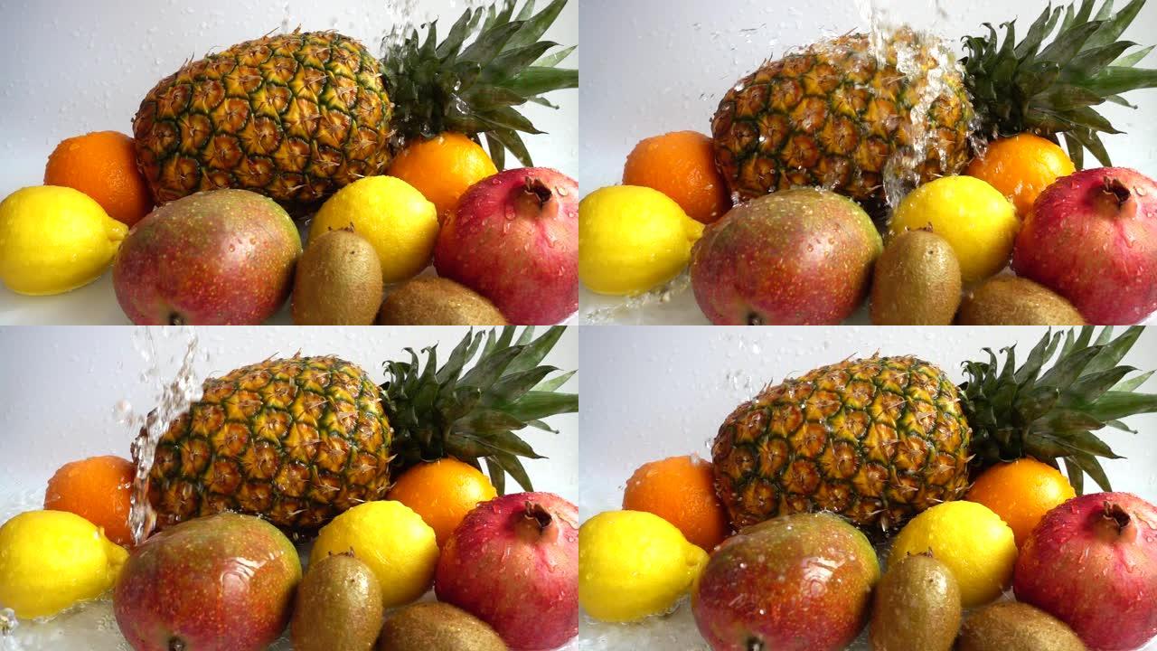 多汁成熟的热带水果。慢动作。