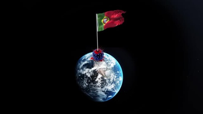 冠状病毒新型冠状病毒肺炎被葡萄牙击败，葡萄牙国旗在4k分辨率的旋转地球上挥舞着被拆除的病毒