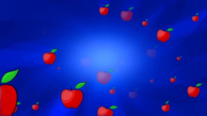 红苹果在蓝色背景上慢慢移动。3D循环动画。