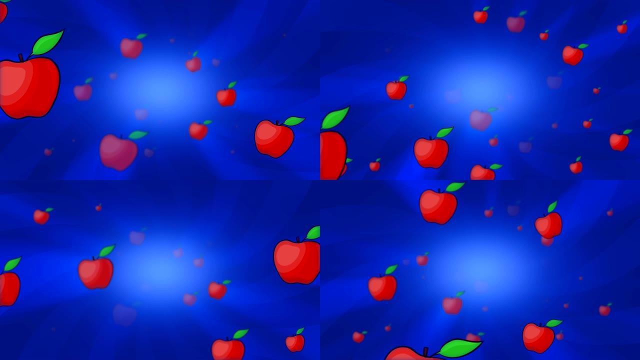 红苹果在蓝色背景上慢慢移动。3D循环动画。