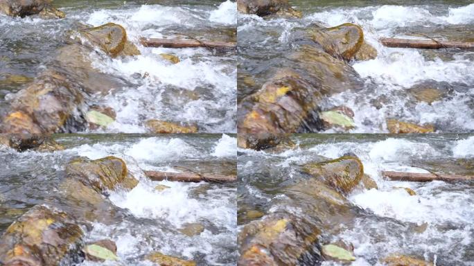 以慢动作拍摄在海滩上的岩石上破浪