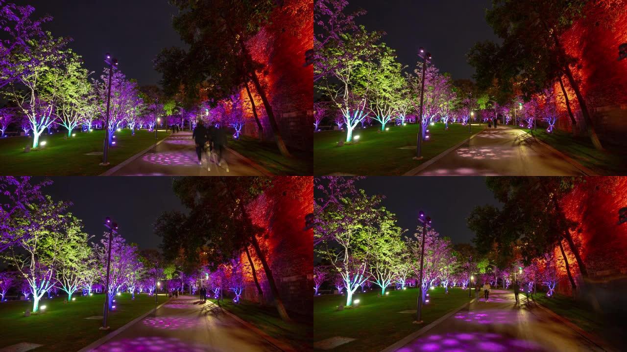 夜间照明南京市著名湖公园路延时全景4k中国
