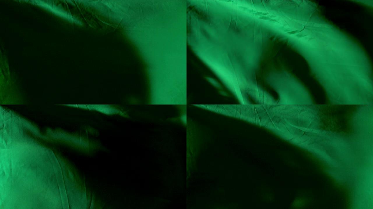绿色无缝波缎面料背景 \ 丝布在风中飘扬 \