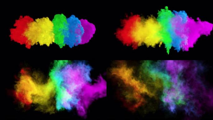 五彩缤纷的彩虹烟雾。液体多色墨水的爆炸。带有alpha通道的VFX动画。