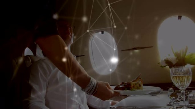 与服务员在飞机上提供菜肴的全球联系网络动画