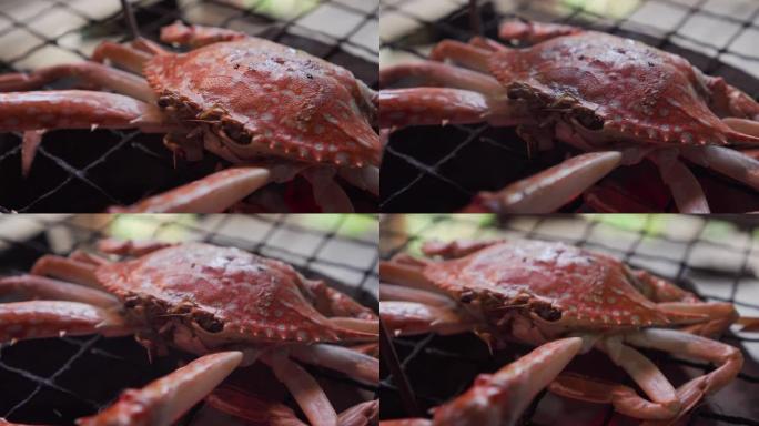 花蟹在传统的炉子上烧烤。美味的泰国海鲜菜单。泰国街头美食菜单。燃烧木炭，下面有热火焰。热门菜单，适合