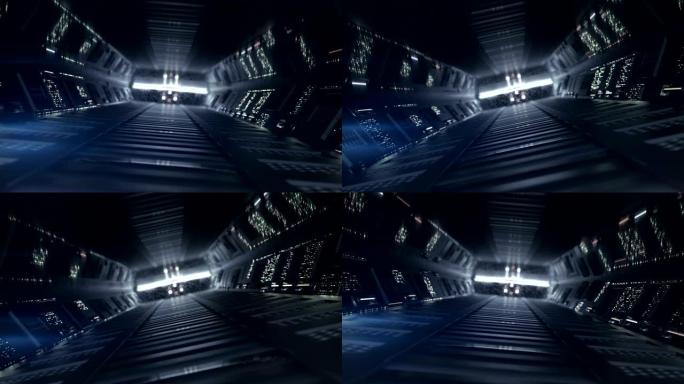 带发光二极管灯的未来隧道3D渲染无缝循环动画