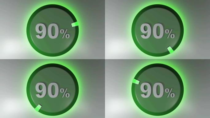 90% 绿色圆形标志与旋转光标-3D渲染视频剪辑