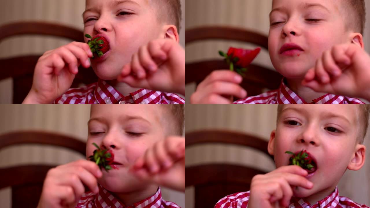 孩子吃草莓。新鲜浆果对儿童有用