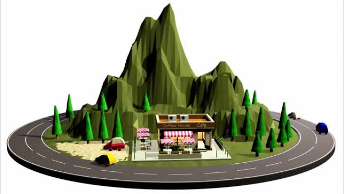 路边咖啡馆的3d插图，山路上的咖啡屋。旅游度假概念