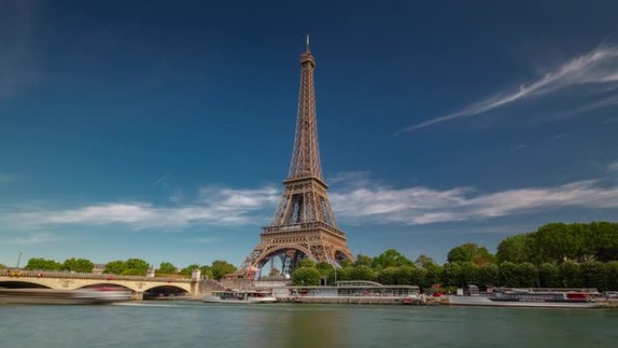 阳光明媚的夏日巴黎市著名的河边海湾塔景观延时全景4k法国