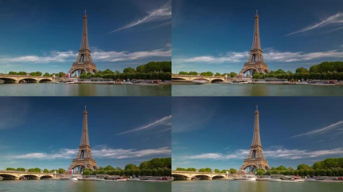 阳光明媚的夏日巴黎市著名的河边海湾塔景观延时全景4k法国