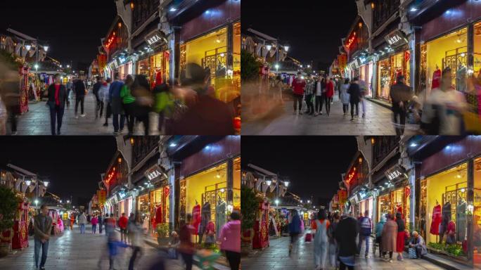 杭州市夜间照明著名拥挤步行街全景延时4k中国