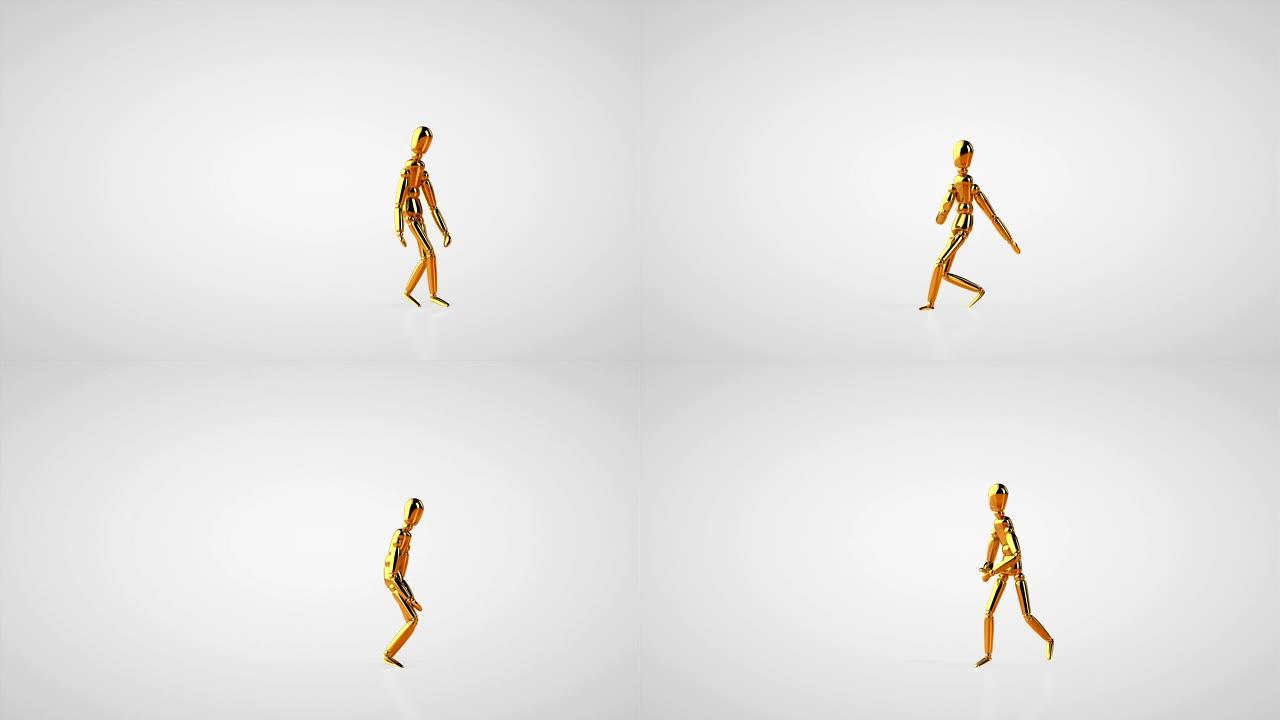 有趣的金色模特做嘻哈侧步，无缝循环，白色工作室
