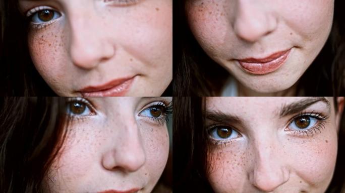 美丽的女人脸上有雀斑棕色的头发，绿色的眼睛在极端的特写