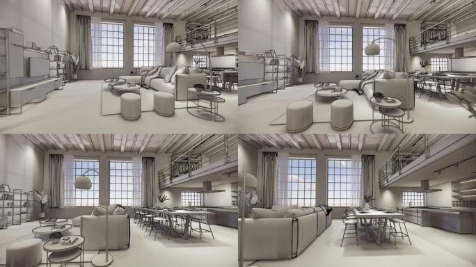 3d渲染。室内住宅带厨房的现代开放式生活空间。阁楼式复式公寓住宅。家居装饰豪华室内设计。