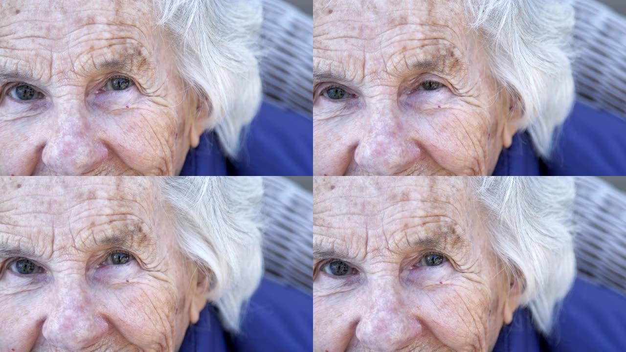 美丽，敏锐，聪明的老年高加索妇女独特的斑点漂亮的眼睛和脸在夏天的户外