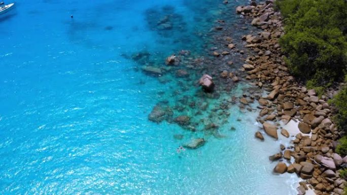 普拉兰岛全景无人机视图，鸟瞰全景热带岛屿，清澈的水普拉兰岛塞舌尔