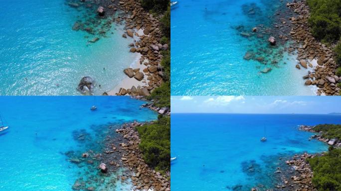 普拉兰岛全景无人机视图，鸟瞰全景热带岛屿，清澈的水普拉兰岛塞舌尔