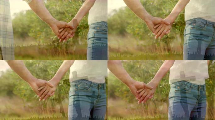 动画中的情侣手牵手站在绿色的田野在农村的三个C的剪影