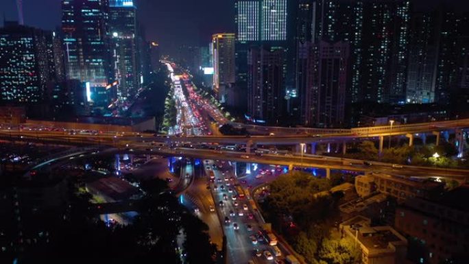 广州市中心夜景照明繁忙交通街路口空中俯拍全景4k中国