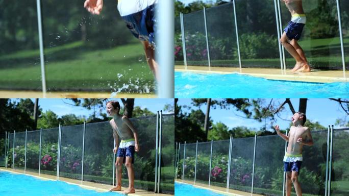 小男孩在游泳池旁奔跑，游泳池旁环境使孩子开心地走出游泳池