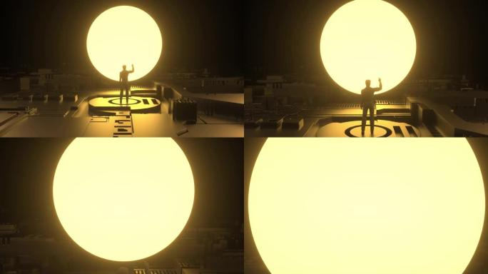 黑暗背景下的人的背部，金色电路板和太阳的3D动画。
