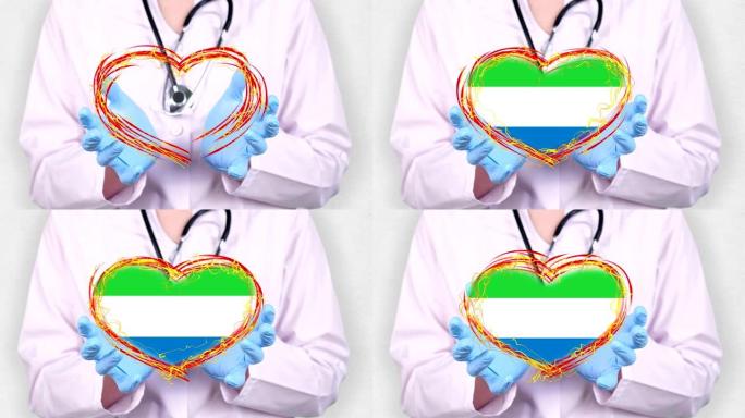 特写。医生穿着医用白大褂，蓝色手套握在手中，用塞拉利昂国旗画出跳动的心。医生与全球流行病作斗争的概念