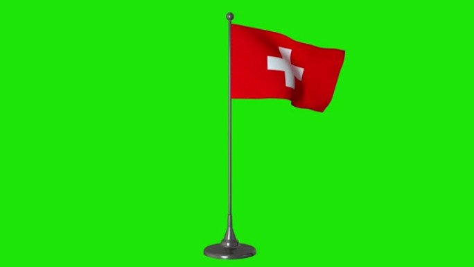 瑞士小旗在旗杆上飘扬。绿色屏幕背景，4K