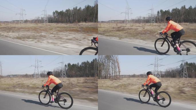 女人密集地骑自行车。戴头盔的女性正在骑自行车。骑自行车的人在公路自行车上训练。女孩在户外骑马。铁人三