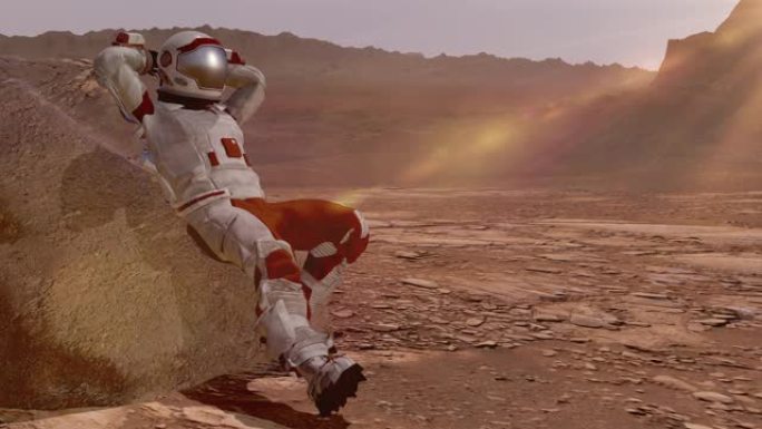 宇航员坐在火星上欣赏风景。探索火星任务。未来殖民和太空探索概念。NASA提供的这段视频的元素。3d渲