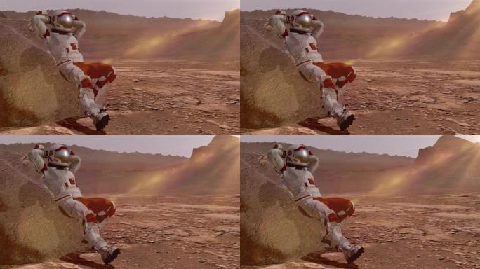 宇航员坐在火星上欣赏风景。探索火星任务。未来殖民和太空探索概念。NASA提供的这段视频的元素。3d渲