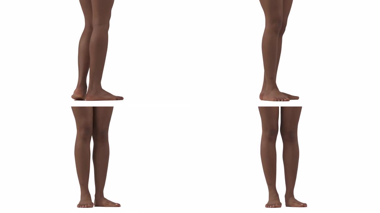 修身女性腿转向相机的特写。孤立，在白色背景上
