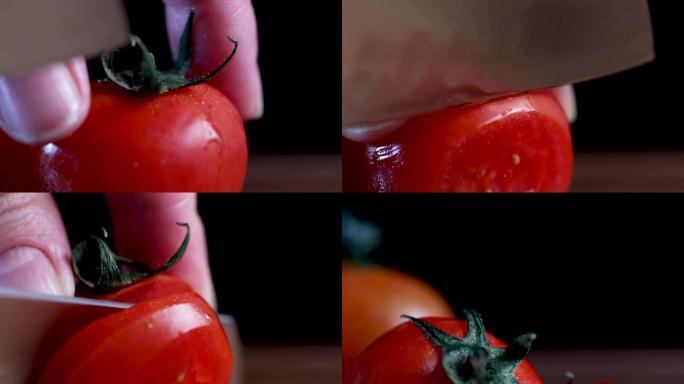 一名妇女用新鲜的樱桃番茄切成小刀，将水滴切成薄片