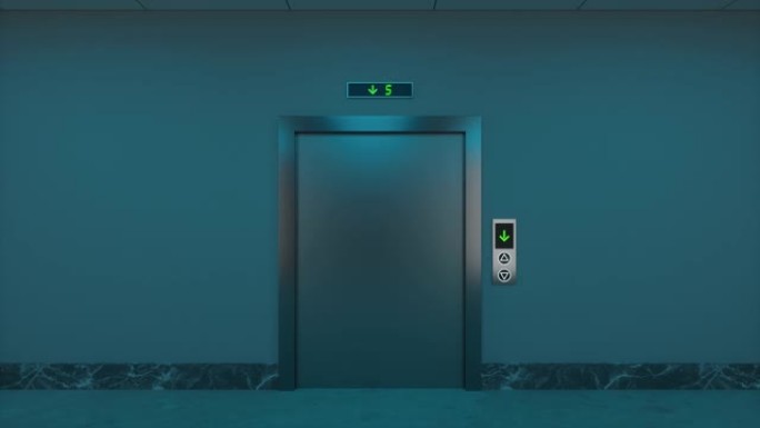夜间走廊里的电梯，3d渲染。