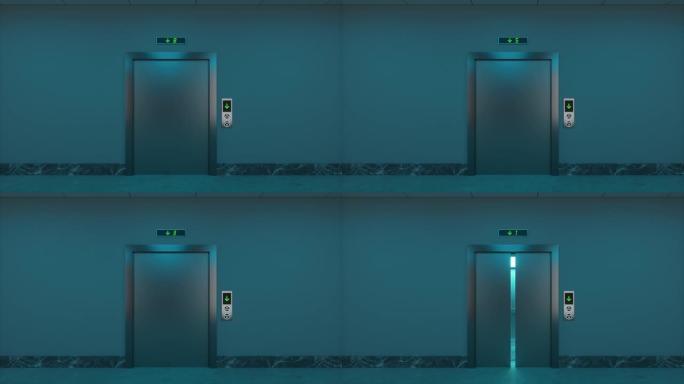 夜间走廊里的电梯，3d渲染。